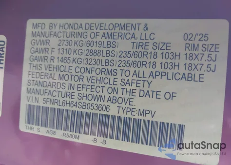 2025 Honda Odyssey Ex-L z USA, uszkodzony, nr VIN 5FNRL6H64SB053606